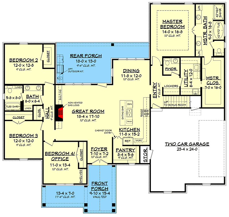 Plan 51793HZ: 4-Bed Country Craftsman House Plan with 2-Car Garage - 2373 Sq Ft - Floor Plan - Main Level - Country, Craftsman, Traditional