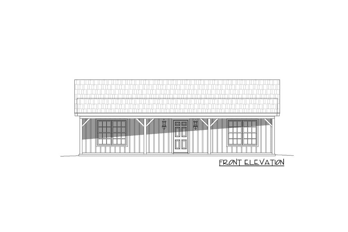 Front elevation drawing of a one-story house with a covered porch, double door entrance, and two multi-pane windows.