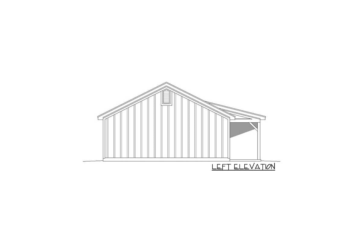 Left elevation drawing of a house plan with vertical siding, a gable roof, and a covered porch.