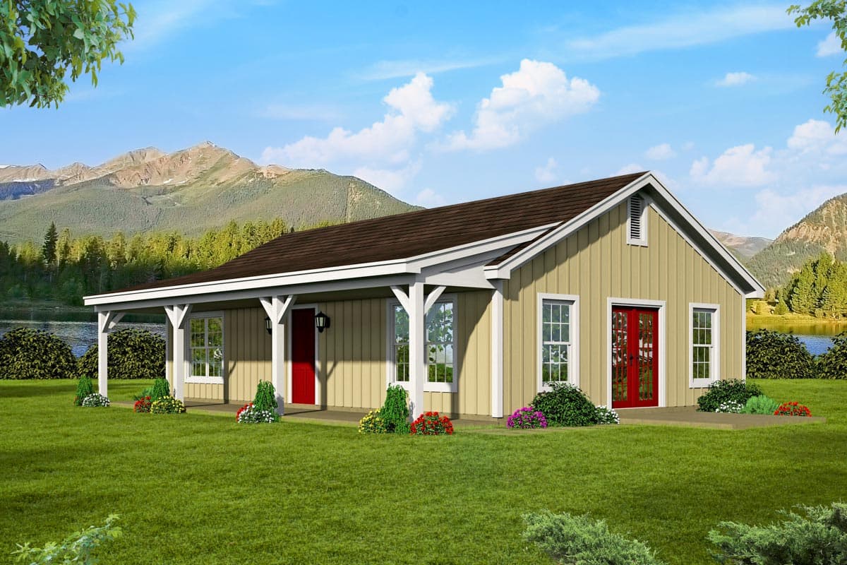 House plan exterior. One-story Ranch style with a covered porch, gable roof, and red double front doors.