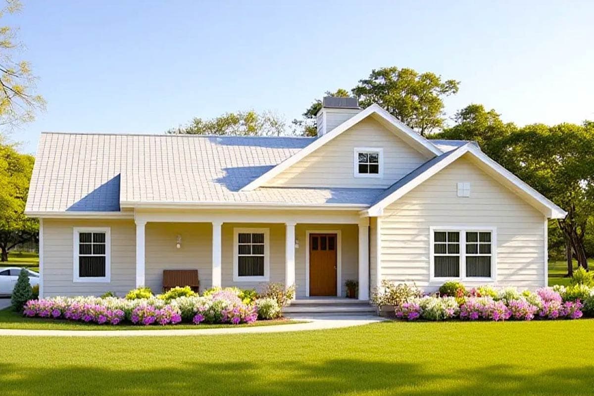 House plan exterior. One-story Ranch style home with front porch, gables, and a light-colored wood door.