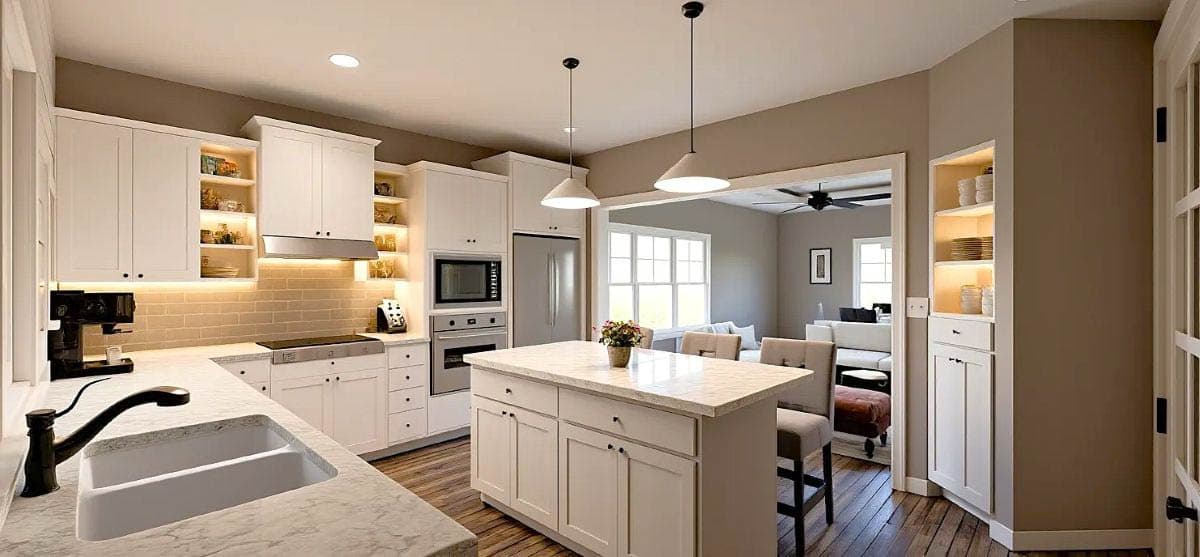Kitchen with white cabinets, island, and view of living area. Features subway tile backsplash, stainless steel appliances, and pendant lights.