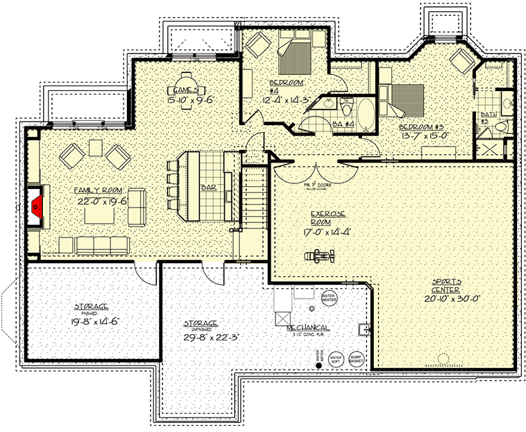 Plan 73391HS: Exclusive Craftsman Home Plan with Indoor Sports Court - Floor Plan - Finished Lower Level - Craftsman, New American, Traditional