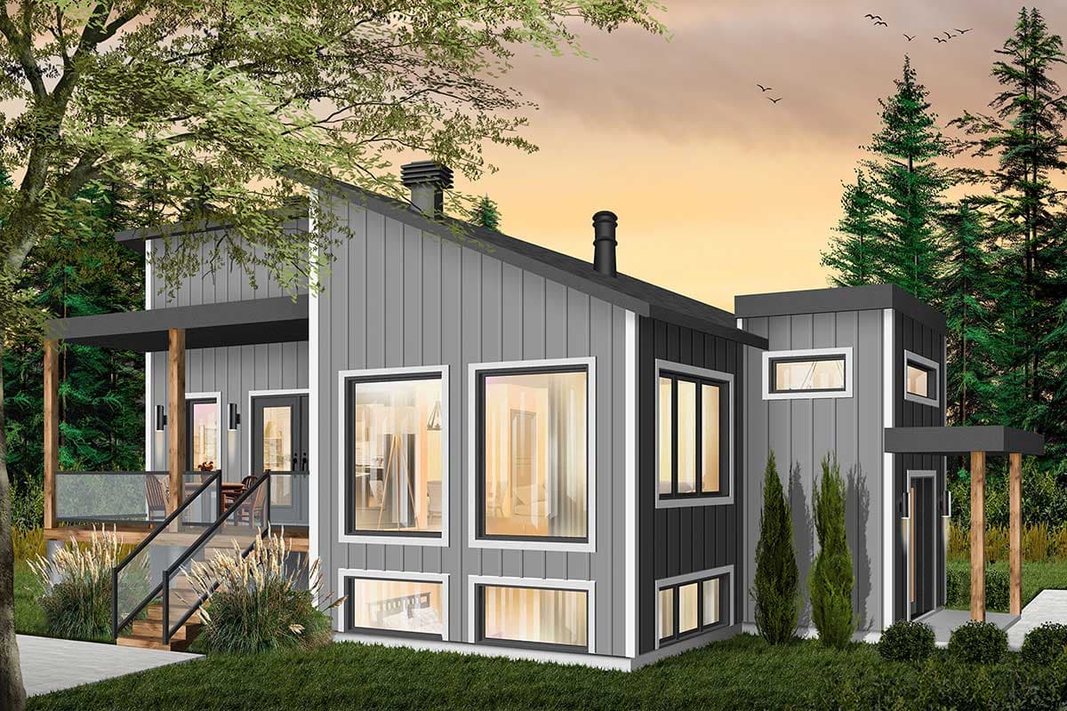 House plan exterior. Modern style with shed roof, two stories, and large windows. Includes a covered porch with a glass railing.