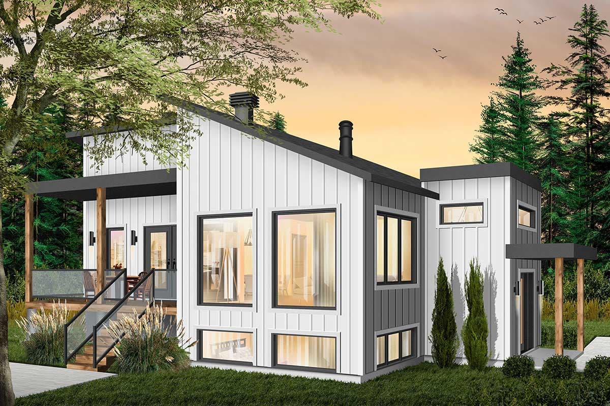 Modern house plan exterior with a steep, asymmetrical roofline, board and batten siding, and large casement windows.