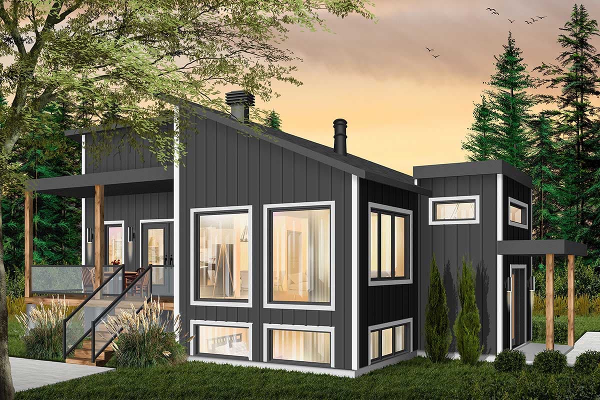 Modern house plan exterior with a single story, asymmetric gable roof, large windows, and covered porch with wooden posts.