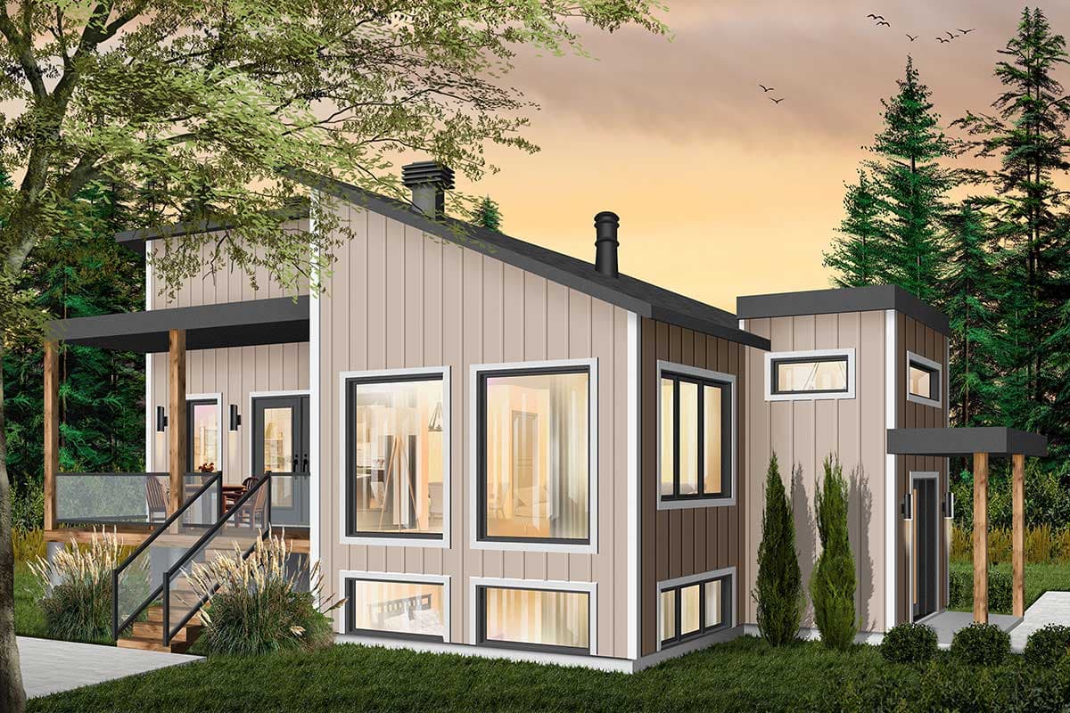 Modern house plan exterior with a shed roof, asymmetric windows, and a covered porch with glass railings.