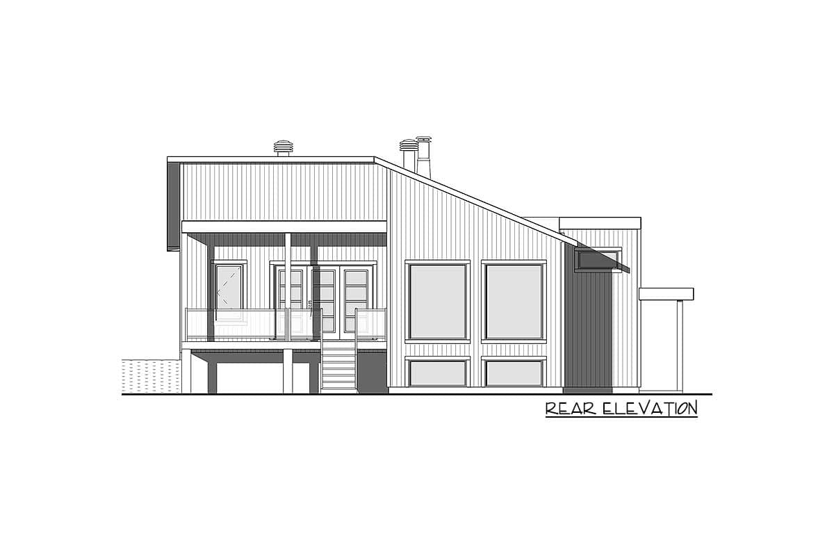 Rear elevation drawing of a house plan with a sloped roof, multiple windows, and a covered porch.