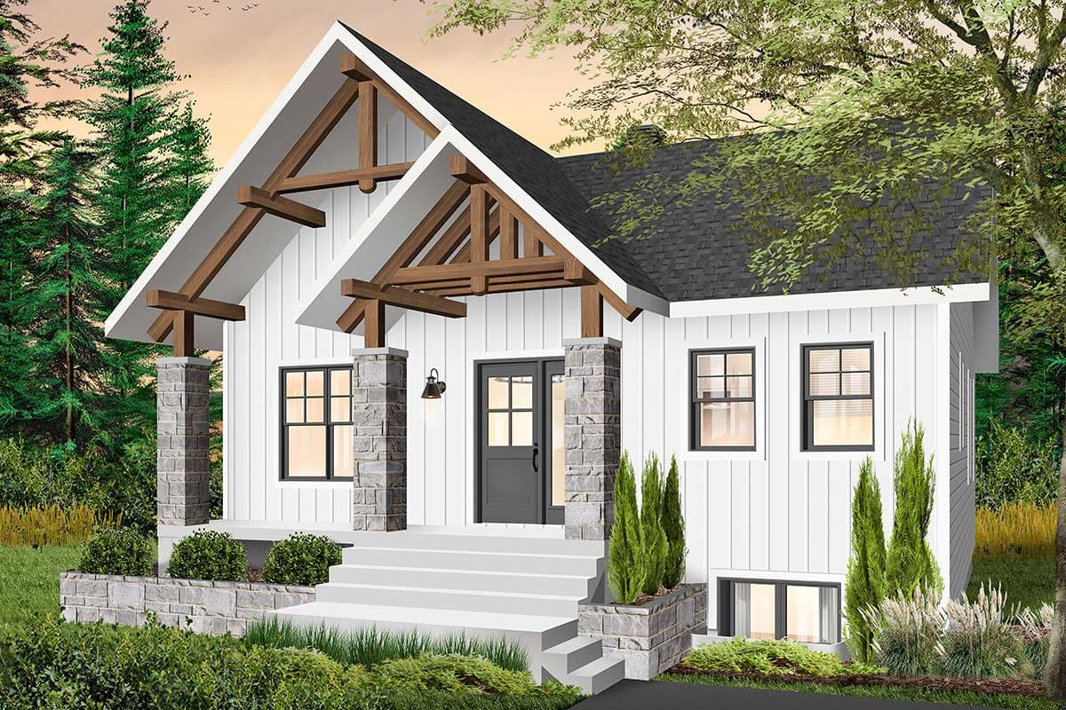 Modern Farmhouse house plan exterior with exposed wooden beams, stone-clad porch columns, gabled roof, and double entry doors.
