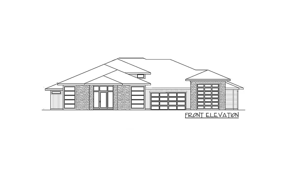 Front elevation drawing of a single-story house with a multi-hip roof, stone accents, large windows, and a three-car garage.