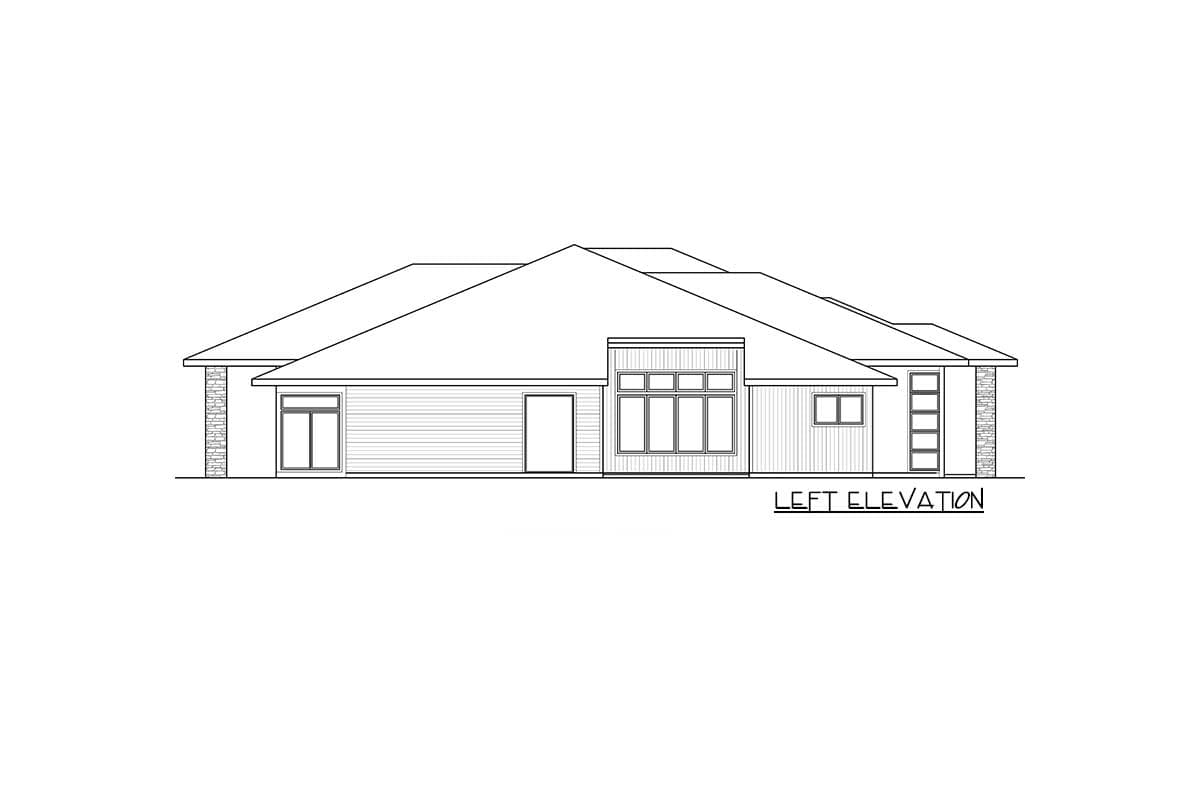 Left elevation of a single-story house plan featuring a hip roof, horizontal siding, multiple windows, and stone accents.