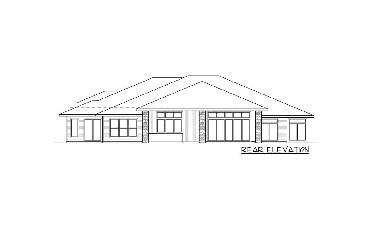 Rear elevation drawing of a single-story house with multiple windows and a large sliding glass door system.
