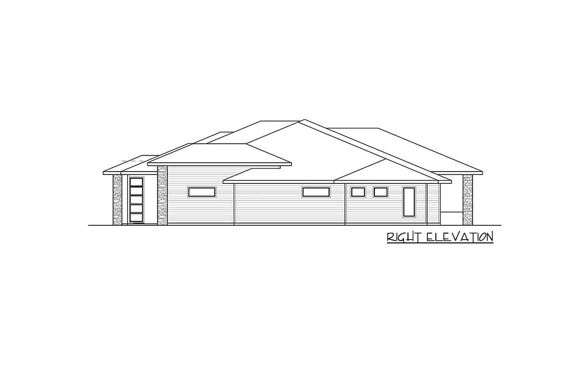 Right elevation drawing of a single-story house plan with horizontal siding, varied rooflines, and stone accents.