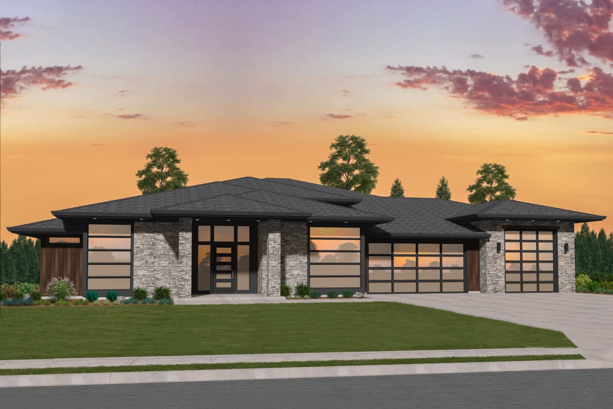 House plan exterior. Modern, one-story home with stone facade, flat roof, and multiple large windows. Two-car garage with glass doors.