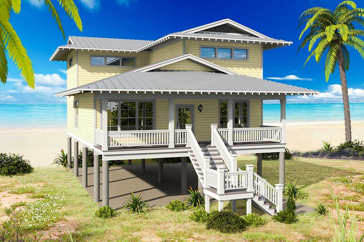 House plan exterior: two-story elevated coastal home with wrap-around porch, metal roof, and prominent staircase.