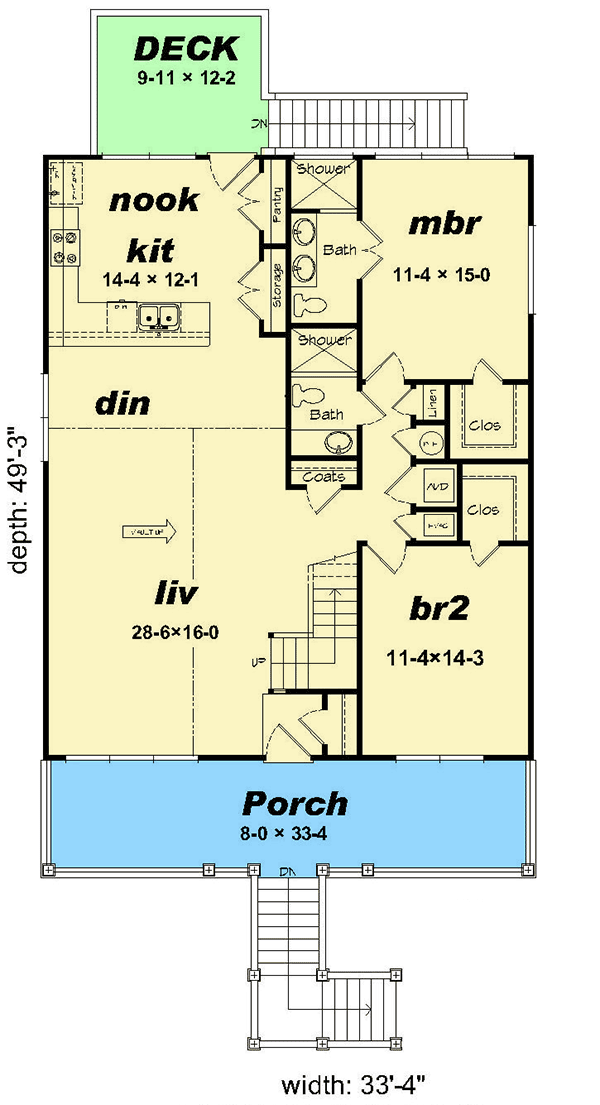 Plan 68560VR: Expanded Narrow Lot Beach Cottage - Floor Plan - Main Level