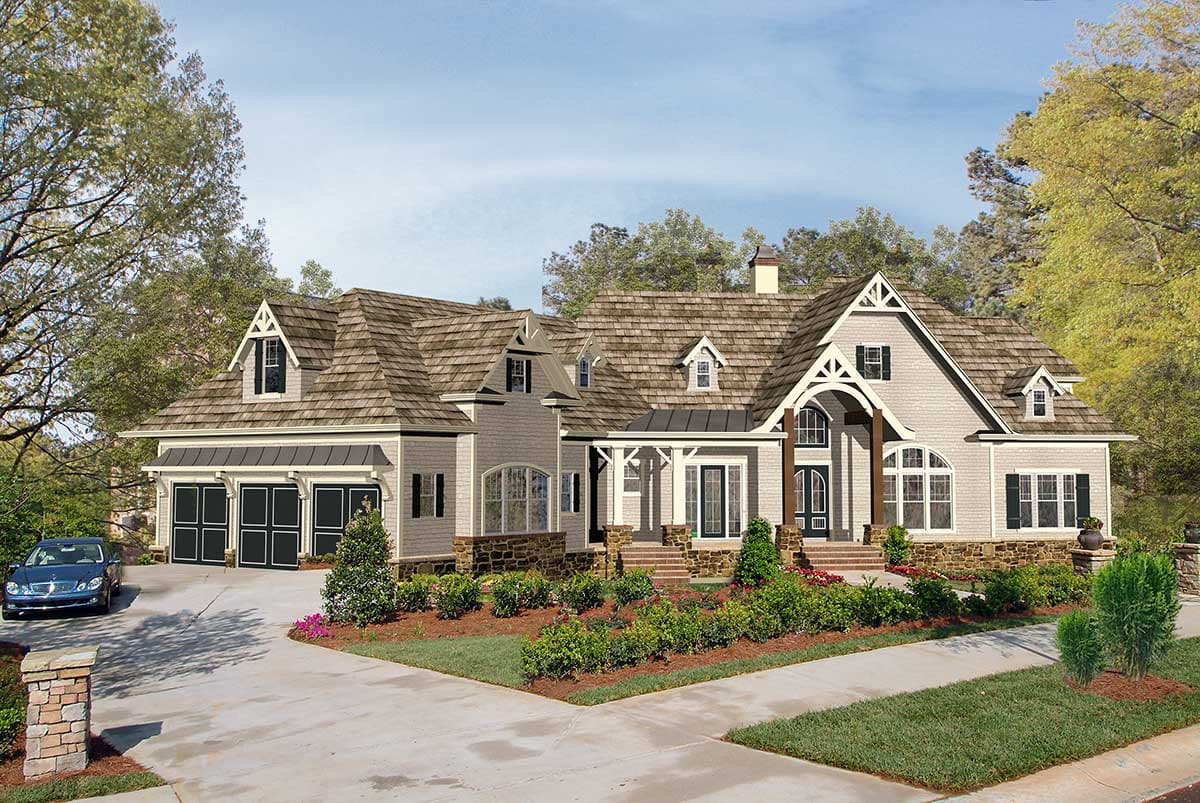 House plan exterior. Two-story home with a gabled roof, dormers, and a covered front porch. Features an attached garage and stone accents.
