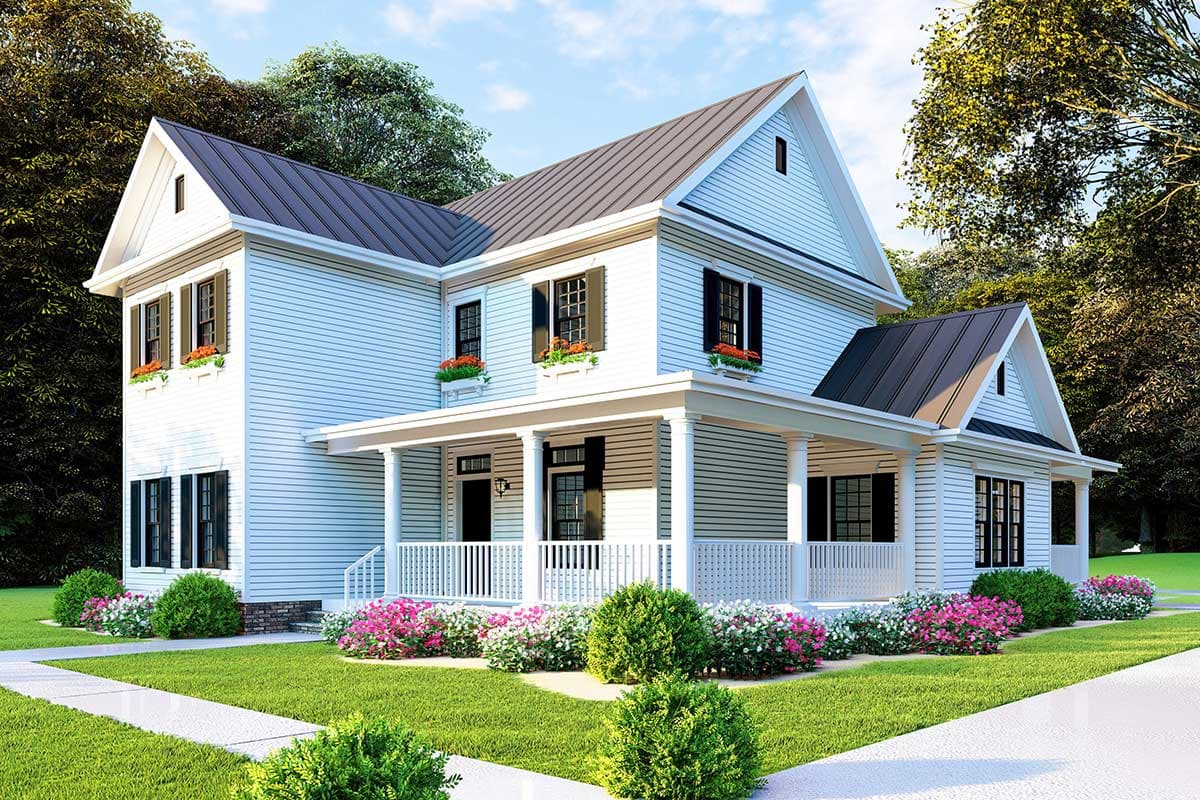 Two-story house plan with a wrap-around porch, gables, and dormers. Modern farmhouse exterior.