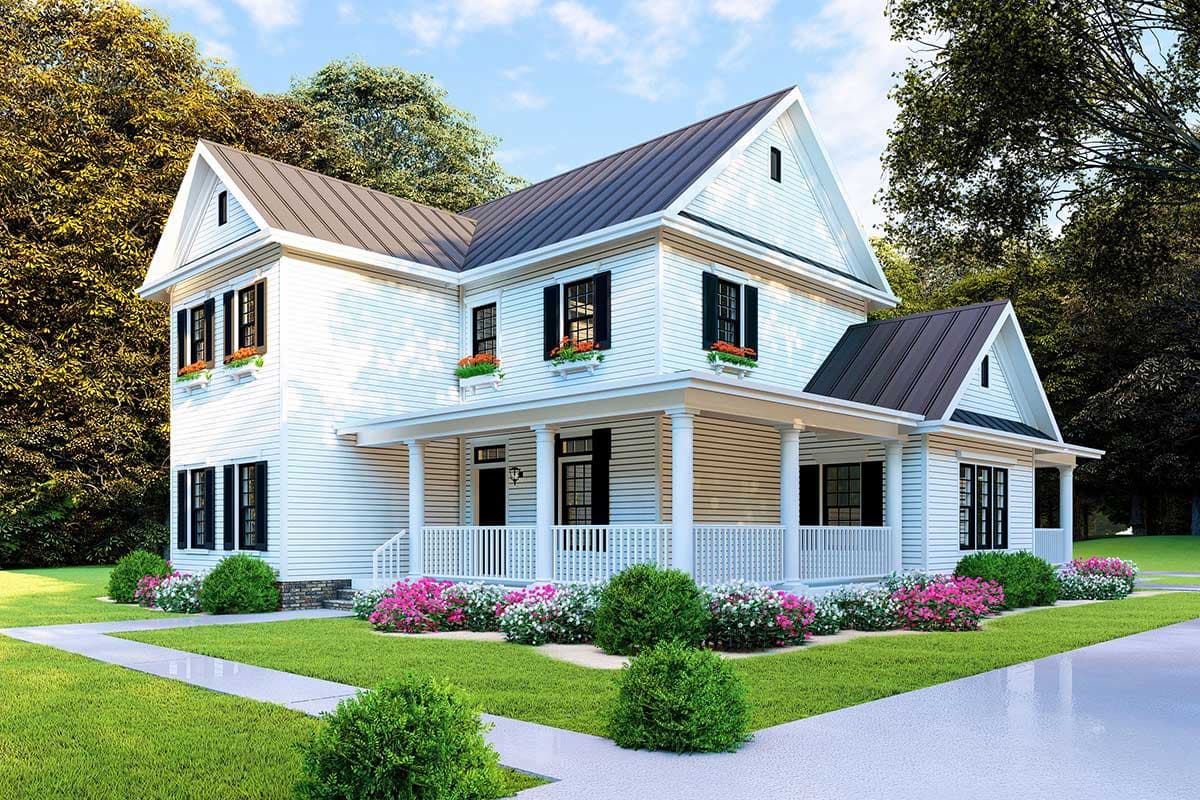 Two-story house plan exterior with gabled dormers, wrap-around porch with columns, and white siding.