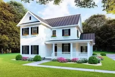 New American House Plan with L-Shaped Porch and Upstairs Expansion