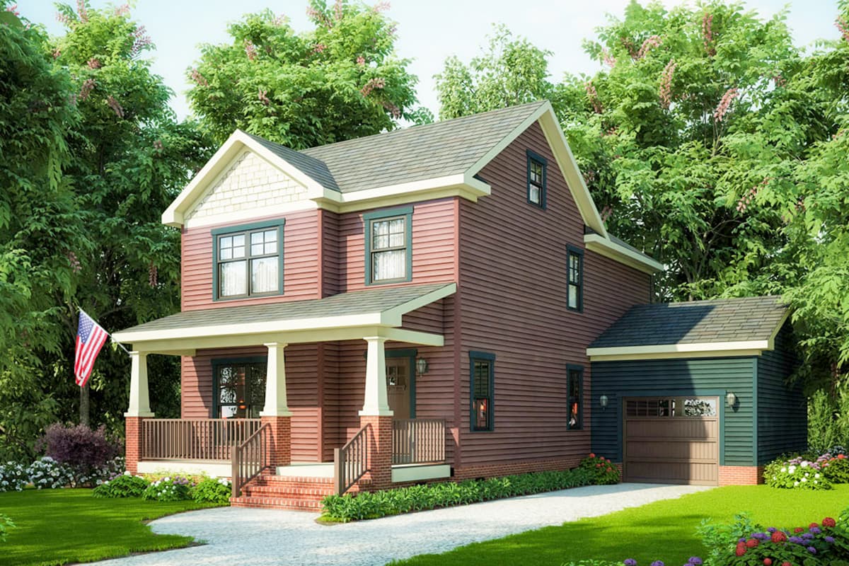 House plan exterior. Two-story Craftsman home with a front porch, gabled roof, and attached garage. Includes a brick foundation and trim.