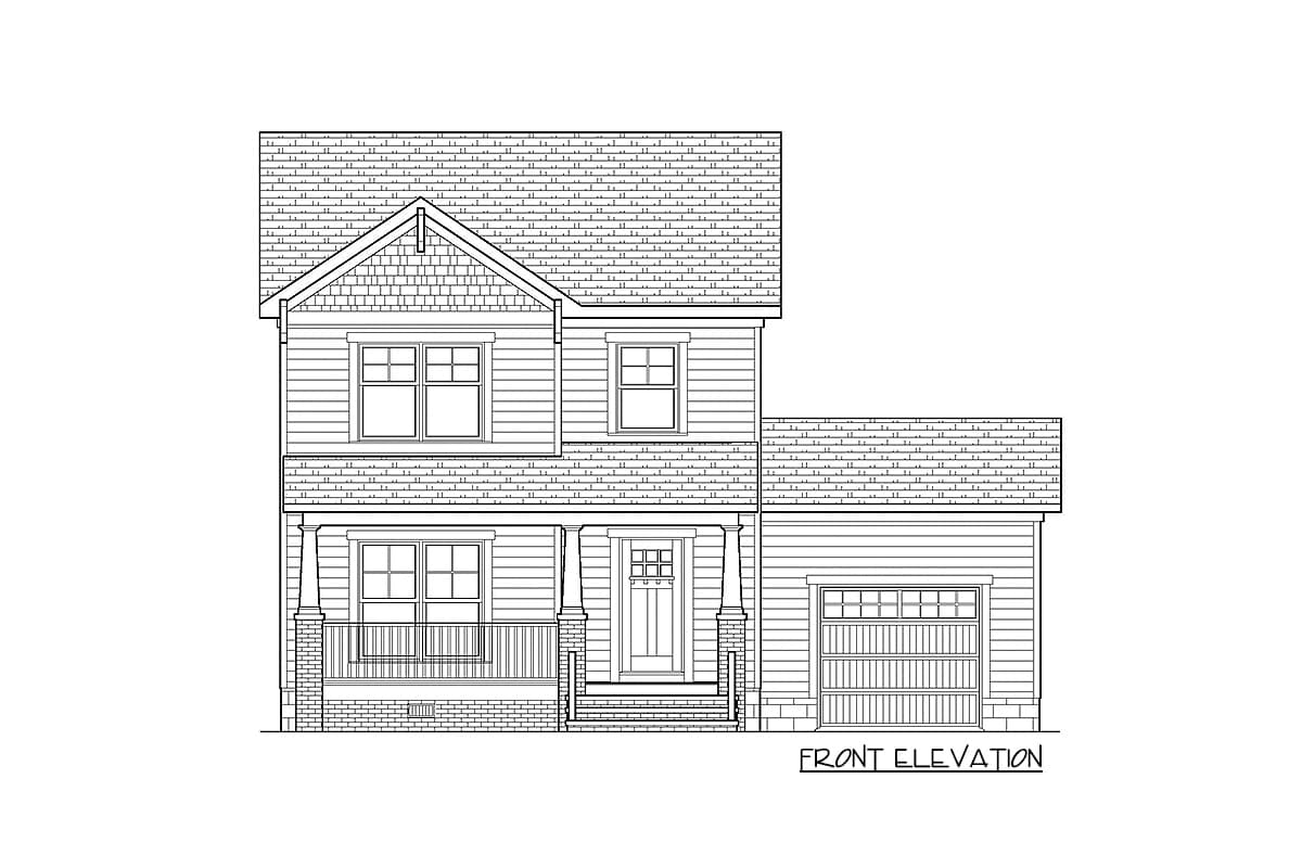 Front elevation drawing of a two-story house plan with a covered front porch, gable, and attached garage.
