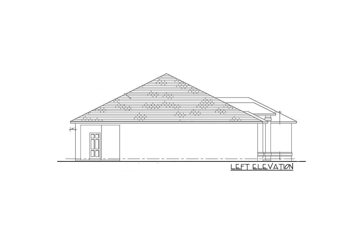Left elevation drawing of a house plan showing a gabled roof, a single-story structure, and a double-door entrance.