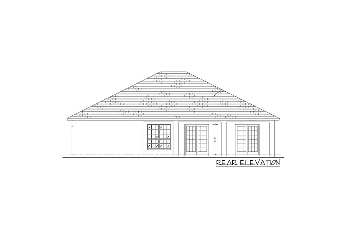 Rear elevation drawing of a house plan showing a hip roof, multiple windows, and French doors.