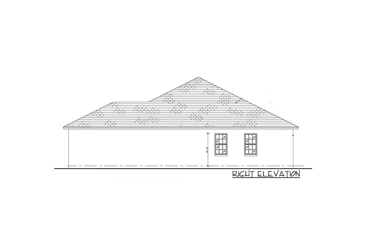 Right elevation drawing of a house plan showing a multi-level roofline and two windows.