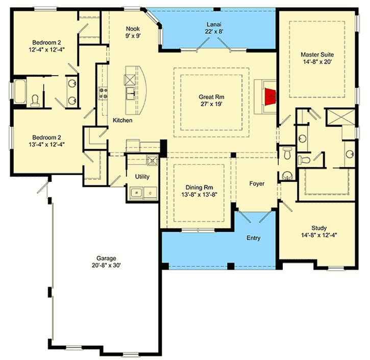 Plan 64307BT: 3-Bed Florida Plan with Study and 3-Car Garage - Floor Plan - Main Level - Florida-Style, Southern, Traditional