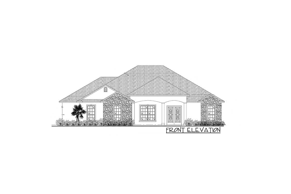 Front elevation drawing of a single-story house with stone accents, a prominent gable, and double front doors.