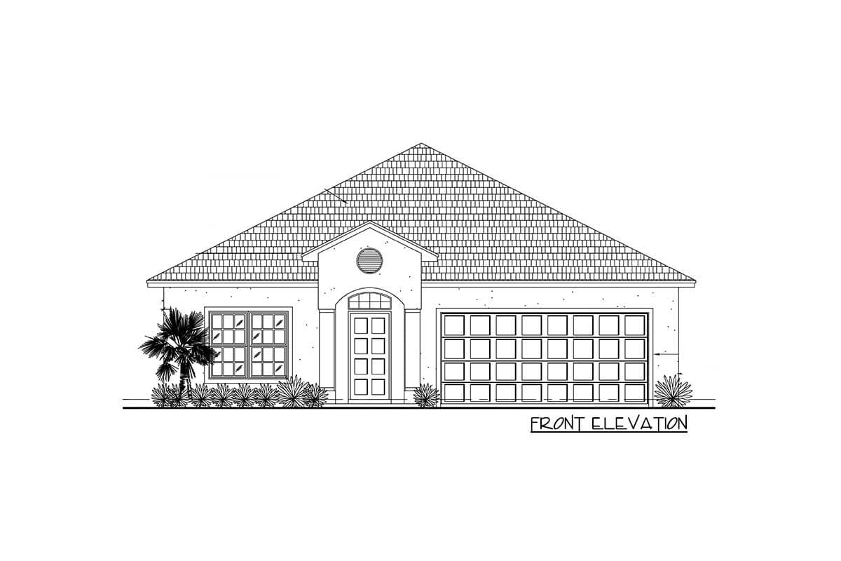 Front elevation drawing of a one-story house with a gabled roof, centered entry with arched transom, and a two-car garage.