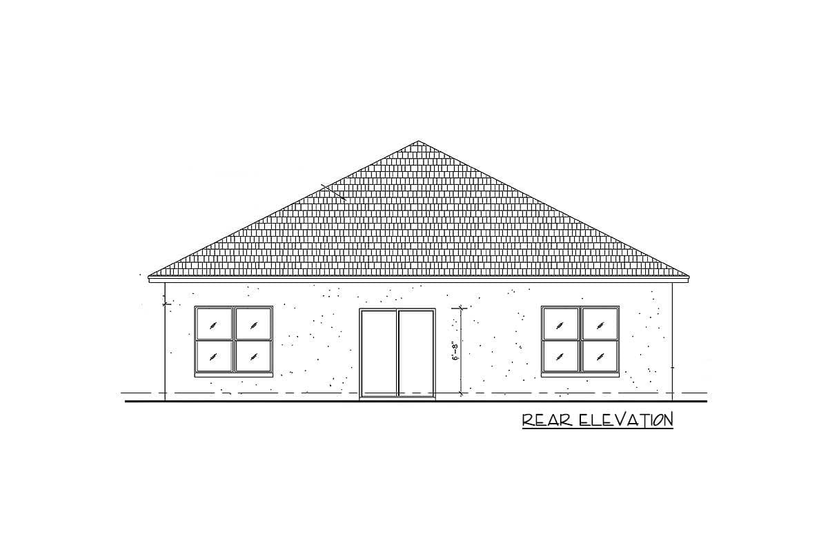 Rear elevation drawing of a one-story house with a gable roof, two windows, and sliding glass doors.