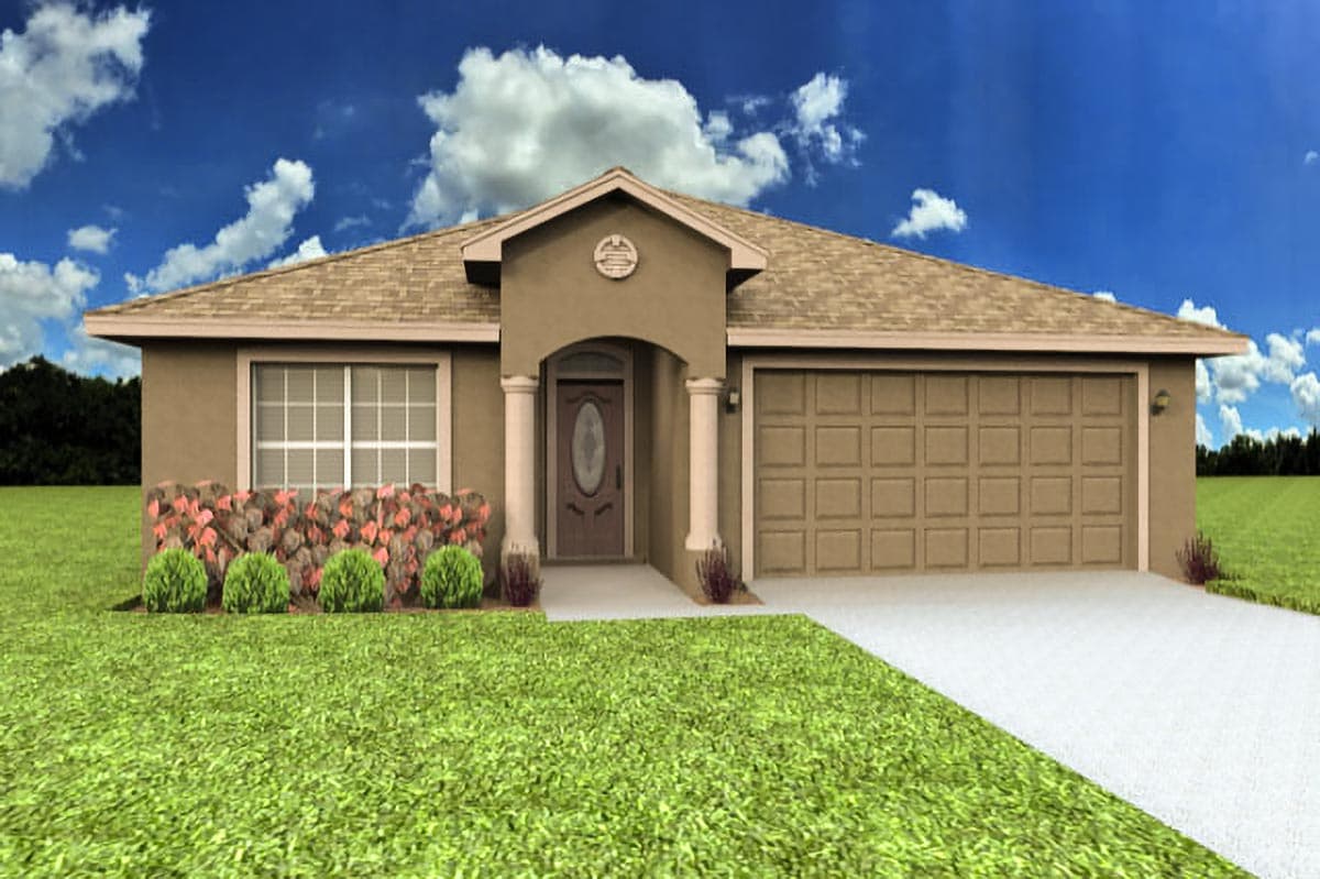 House plan exterior. Ranch-style home with a single story, a portico entry, and an attached garage. Features a gabled roofline.