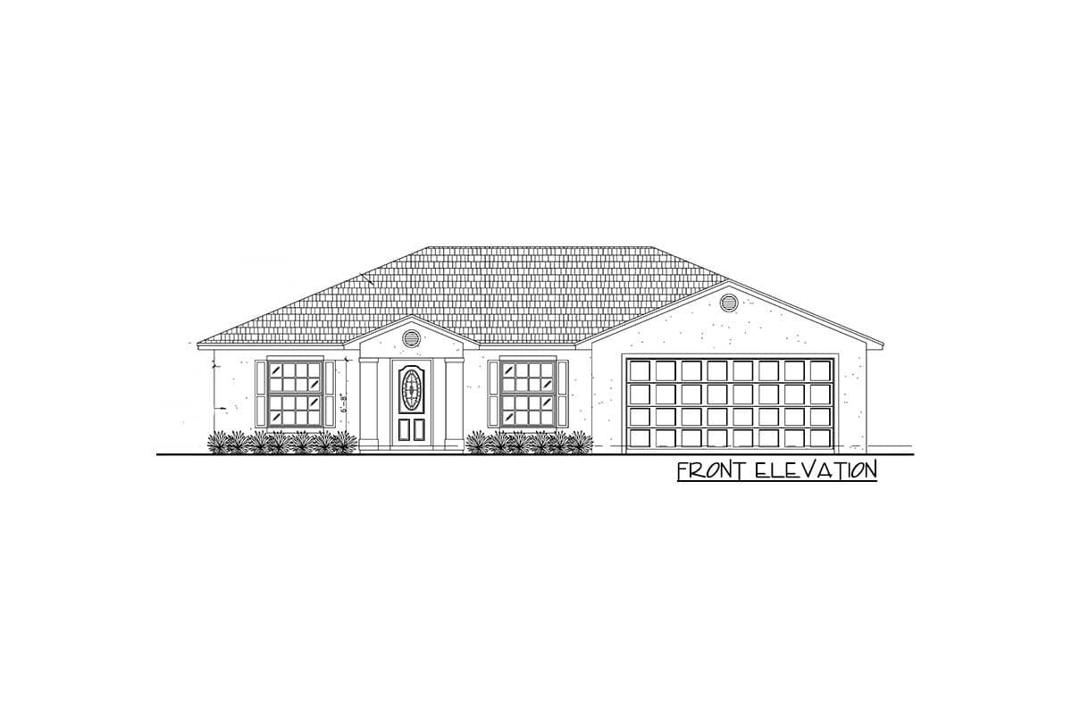 Front elevation drawing of a one-story house with a covered entry, dual-pane windows, and a two-car garage.