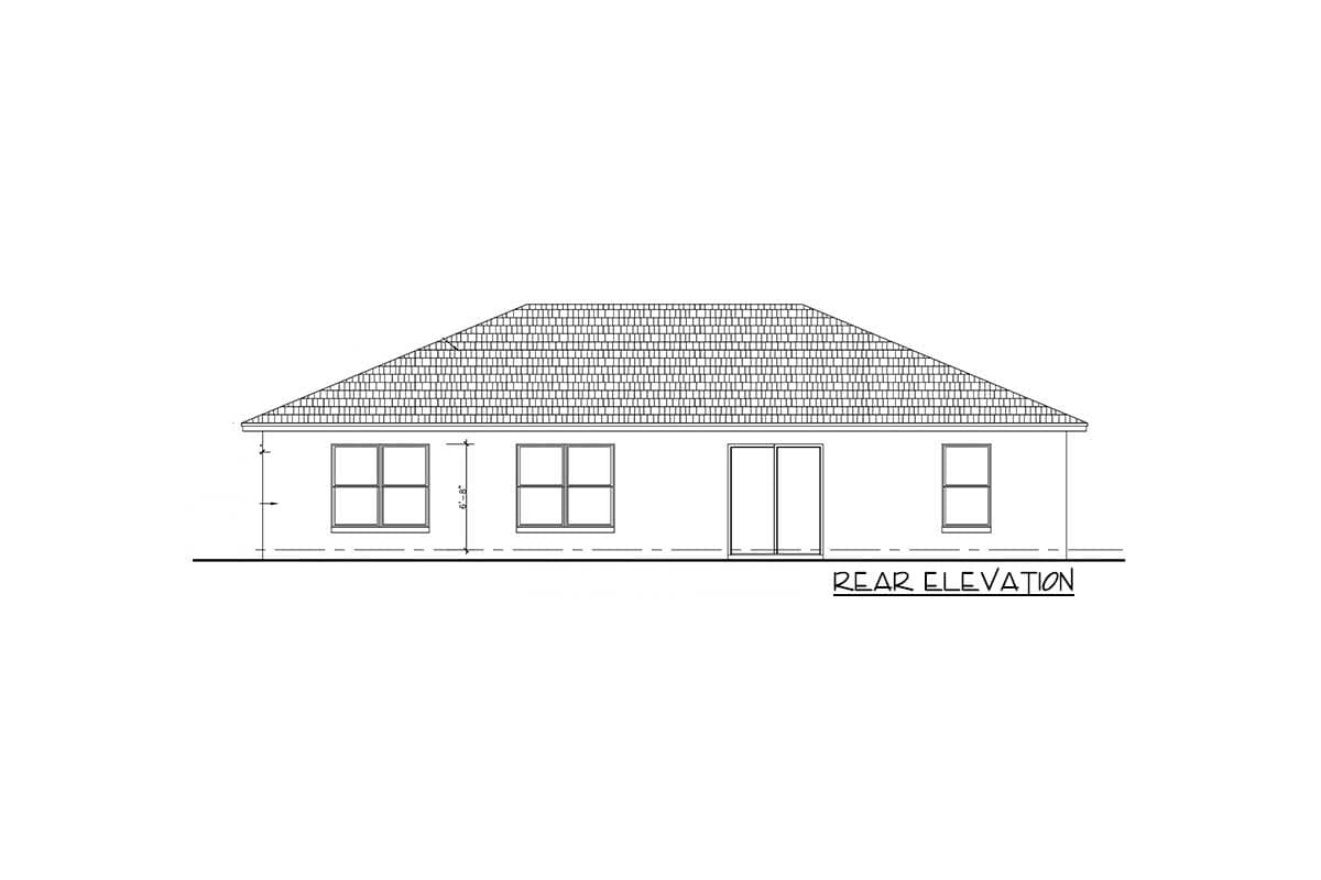 Rear elevation drawing of a house with a hip roof, three windows, and sliding glass doors.
