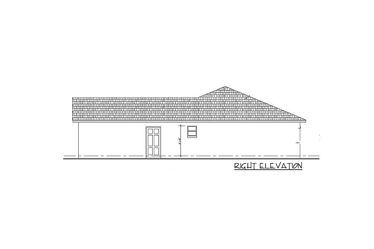 Right elevation drawing of a house plan showing a pitched roof, door, and one window.