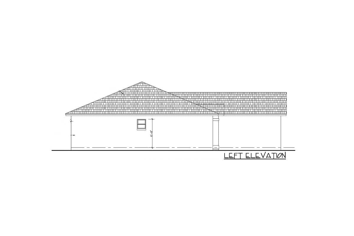 Left elevation drawing of a house plan showing a gable roof, one window, and a covered area supported by columns.