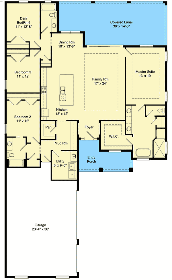 Plan 64311BT: Ideal Craftsman 4-Bed Florida-Style Plan with Covered Lanai - Floor Plan - Main Level - Craftsman, Florida-Style, Traditional