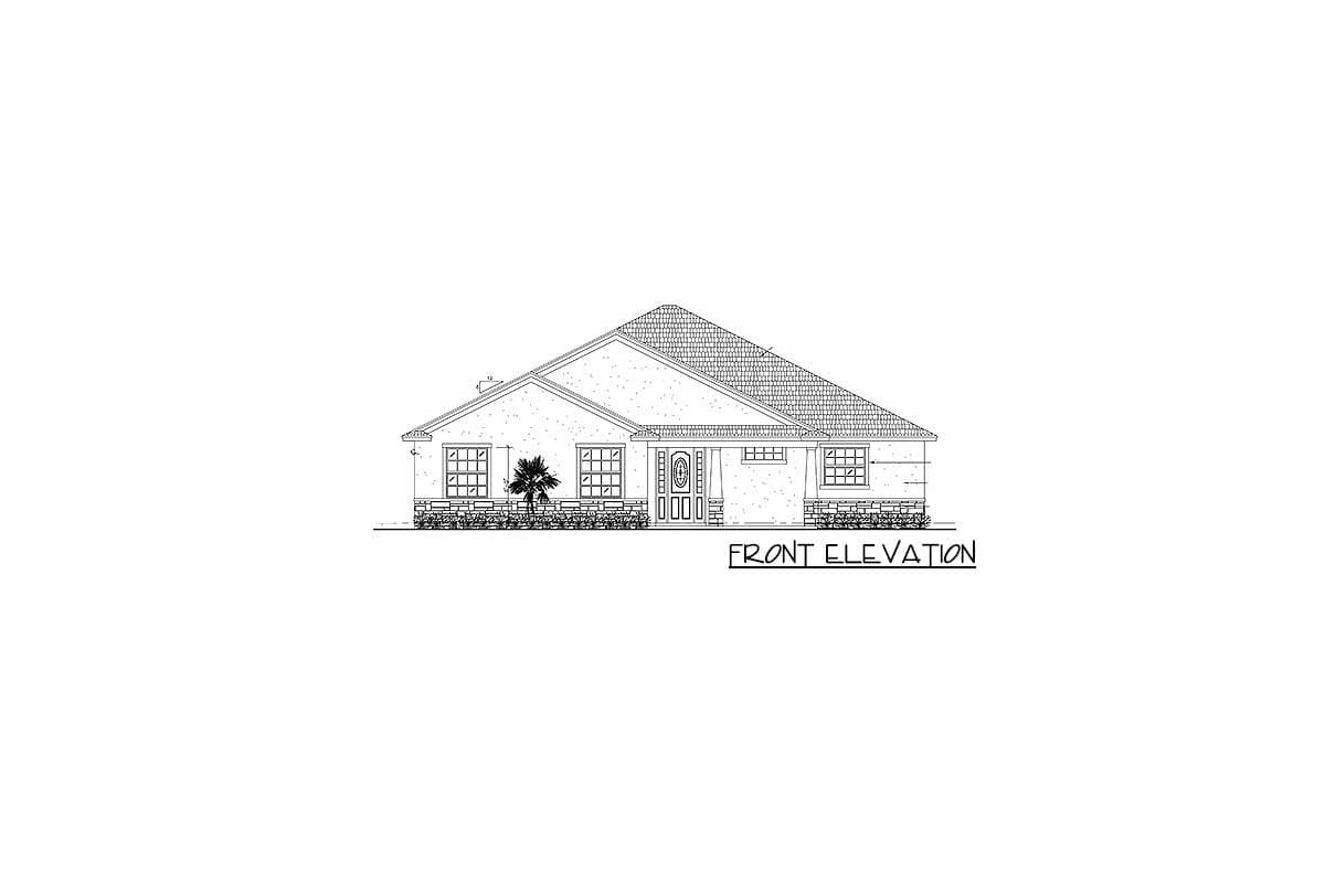 Front elevation drawing of a one-story house with a hip roof, stone base, and multiple windows.