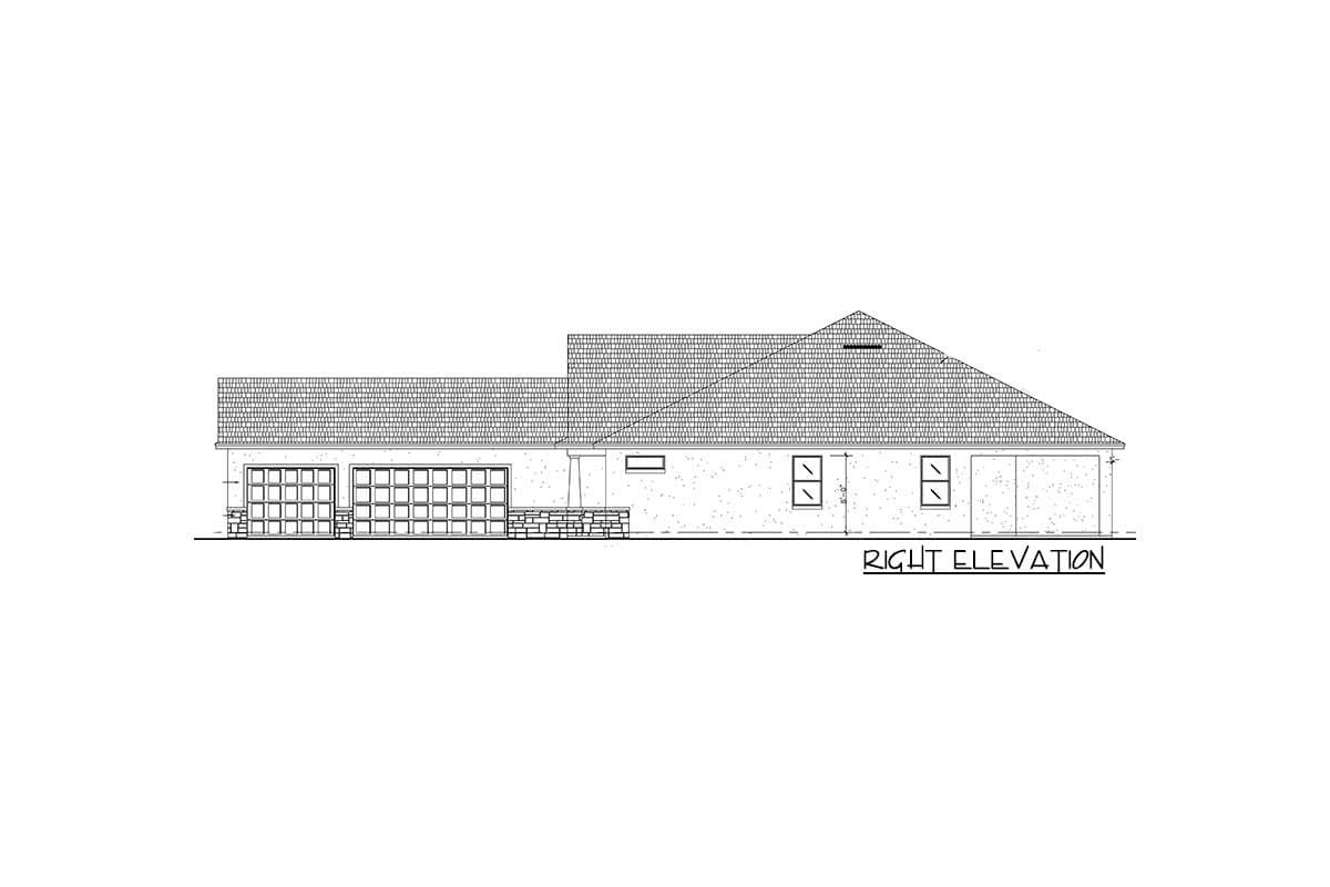 Right elevation drawing of a one-story house plan with a three-car garage, pitched roof, and stone accent.
