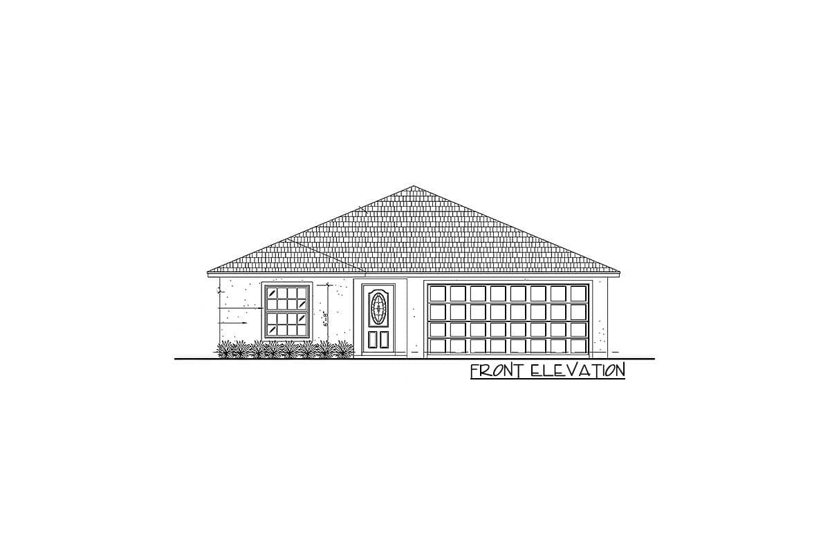 Front elevation of a single-story house plan with a pitched roof, two windows, an entry door, and a two-car garage.