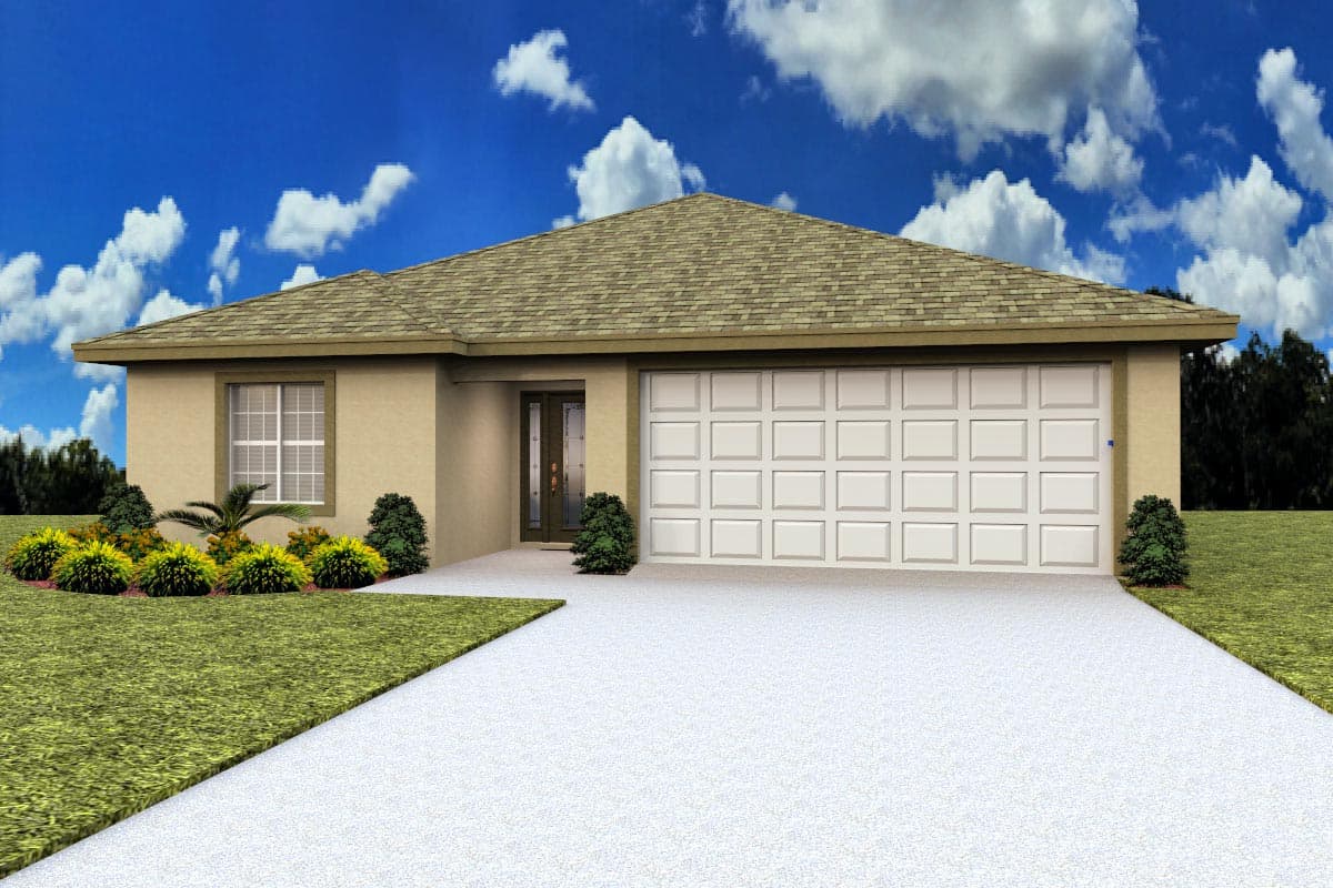 House plan exterior. Single-story Ranch-style house with a side-entry garage, hipped roof, and small window next to the front door.