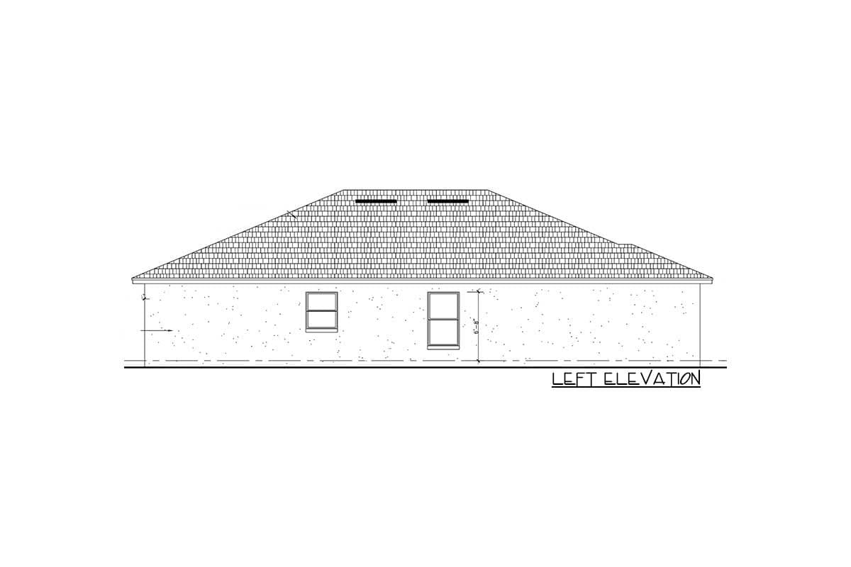 Left elevation drawing of a house plan, showing a hip roof with dormer windows and two rectangular windows.