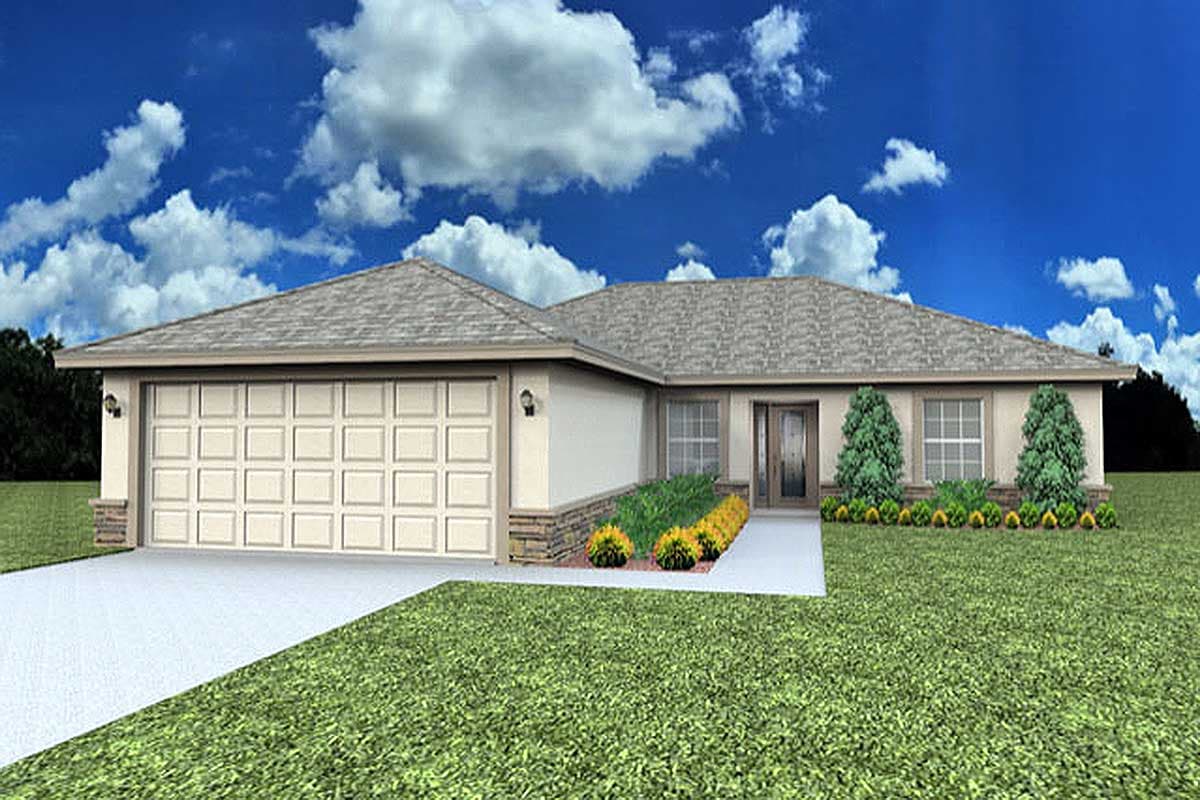 House plan exterior featuring a single-story Ranch style home with an attached garage, hip roof, and stone veneer accents.