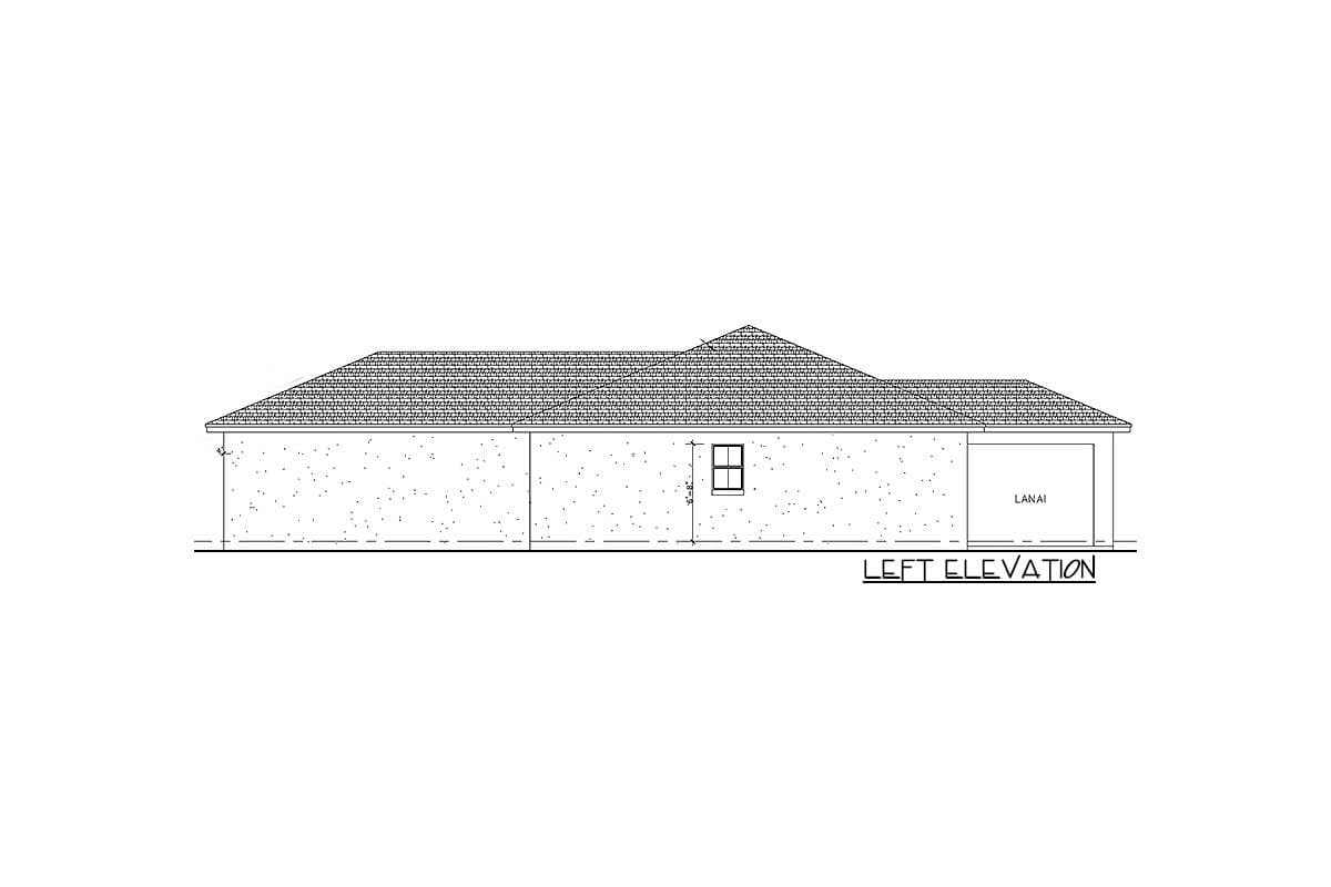 Left elevation of a single-story house plan showing a hipped roof, a window, and a lanai entrance.