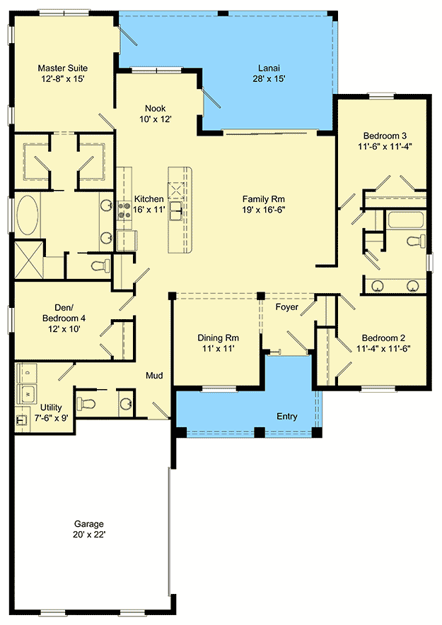 Plan 64309BT: 4-Bed Craftsman House Plan with Lanai - Floor Plan - Main Level - Craftsman, Florida-Style, Traditional
