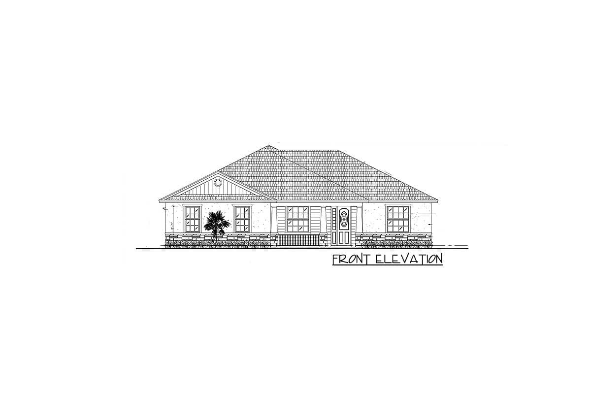 Front elevation drawing of a one-story house with a gable and a covered entry.