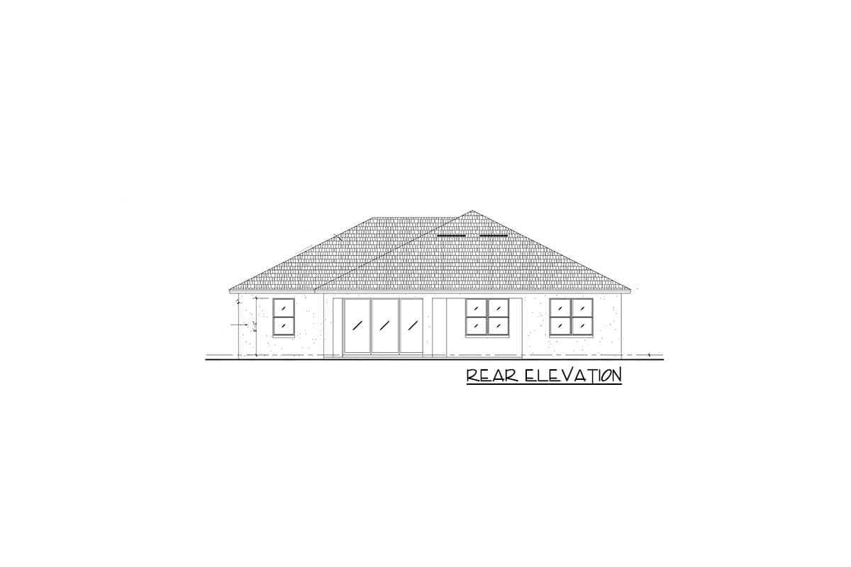 Rear elevation drawing of a single-story house plan with a hip roof, three sets of sliding glass doors, and four multi-pane windows.