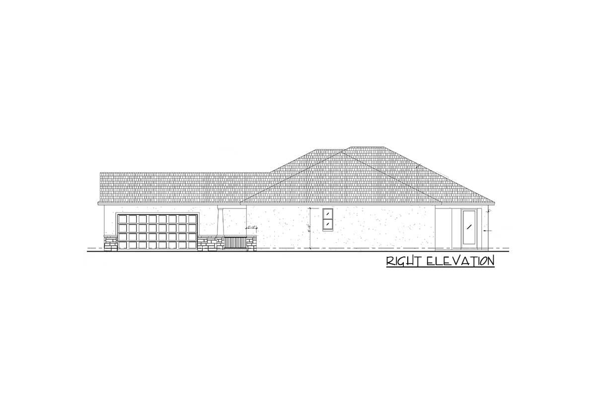 Right elevation drawing of a single-story house with a two-car garage, covered porch, and hip roof.